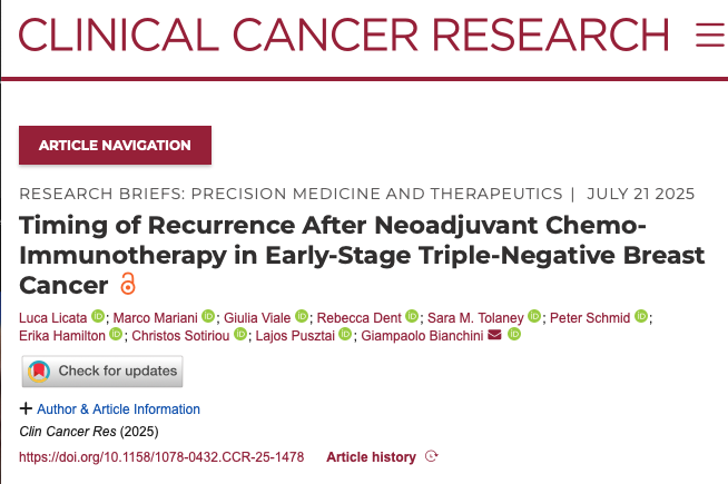 Timing of Recurrence After Neoadjuvant Chemo-Immunotherapy in Early-Stage Triple-Negative Breast Cancer

aacrjournals.org/clincancerres/…

This analysis of five clinical trials evaluating neoadjuvant chemo-immunotherapy in early-stage triple-negative #BreastCancer (TNBC) highlights that