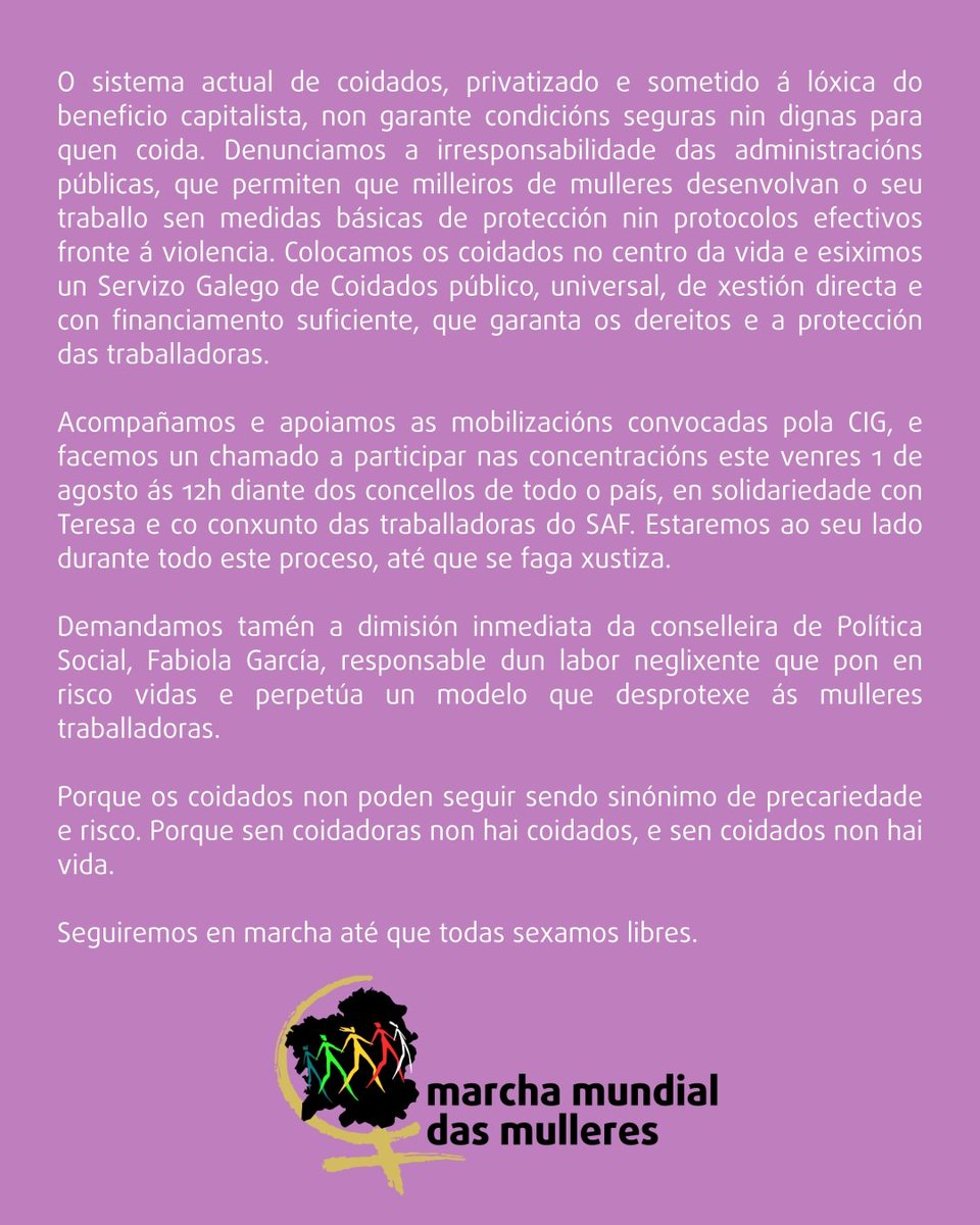 A situación límite das trabalhadoras do SAF en Galiza vén de ter o peor resultado posíbel: o feminicidio laboral da compañeira Teresa.

#SAF #asasinato #precariedade #violencia #feminismo #RespostaFeminista #AcosoLaboral #EmpregoDigno #Coidados #Coidadoras