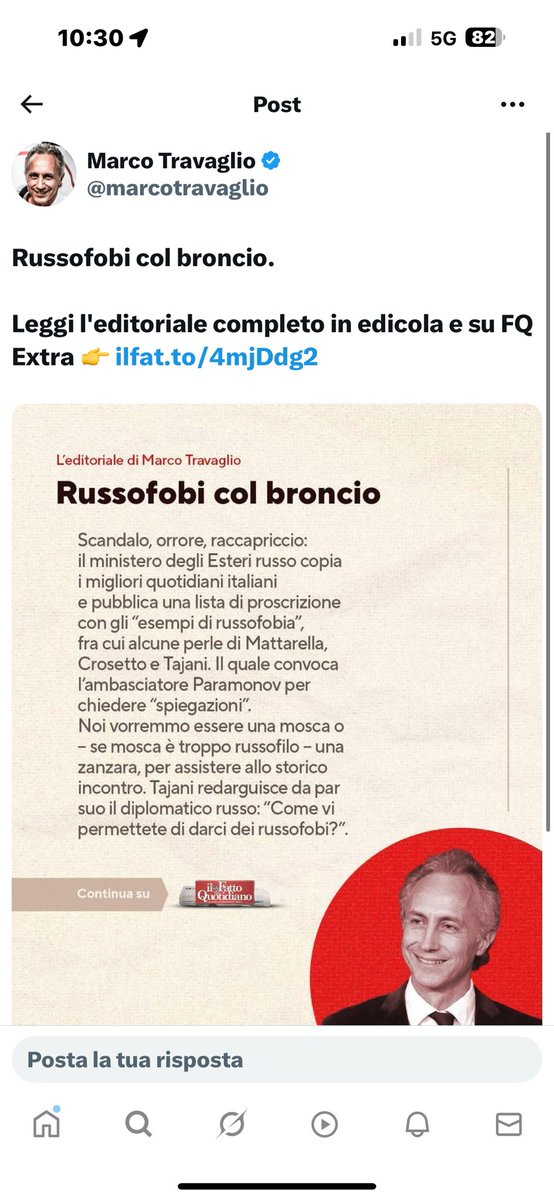 Marco Travaglio <a href="/marcotravaglio/">Marco Travaglio</a> 

Russofobi col broncio 

Scandalo, orrore, raccapriccio: il ministero degli Esteri russo copia i migliori quotidiani italiani e pubblica una lista di proscrizione con gli “esempi di russofobia”, fra cui alcune perle di Mattarella, Crosetto e