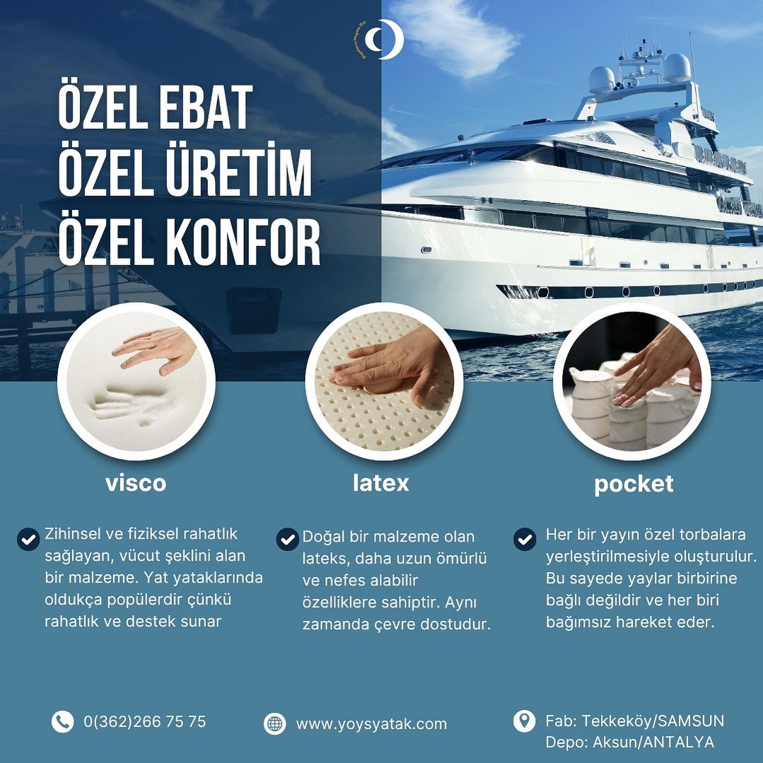 Yat ve tekneleriniz için, özel üretim FR(Yanmaz Kumaş) belgeli yatak modellerimiz en iyi konfor garantisi ile sizi bekliyor 🛥️ 💤 
.
.
.
.
#yat #yatyatağı #tekne #tekneyatağı #visco #lateks #kuştüyü #pamuk #yanmazkumaş #deniz #gemi #uyku #yatak #konfor #garanti