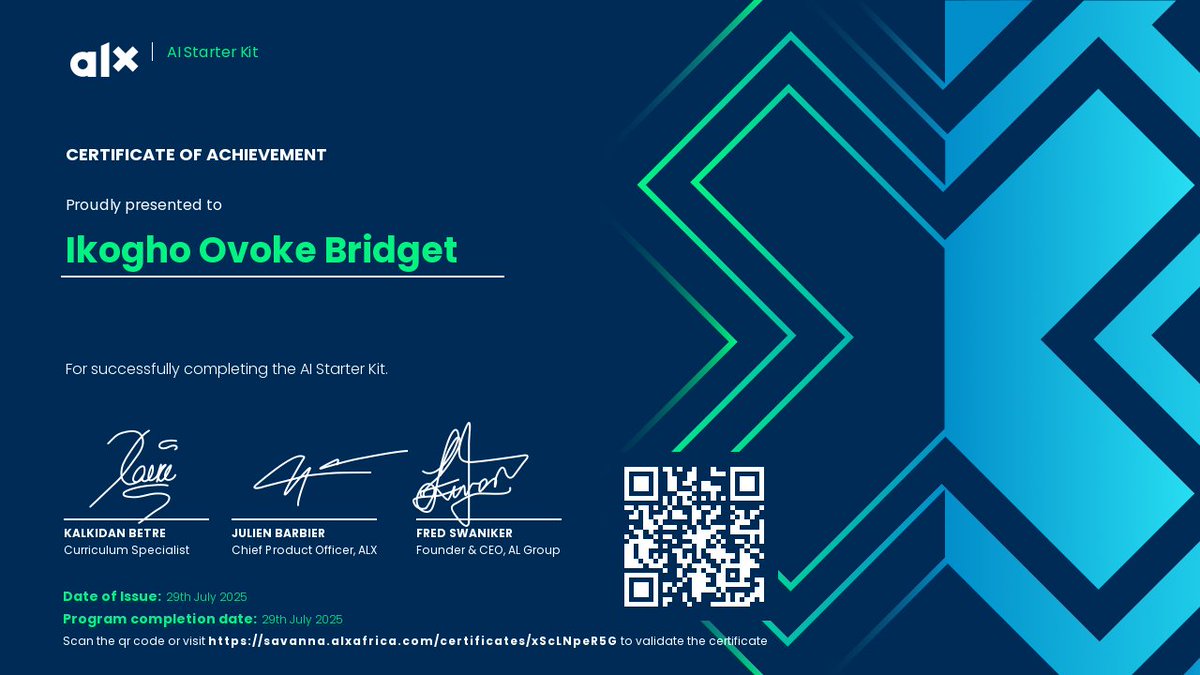 Vokeiko's tweet image. Grateful for the journey and the knowledge gained! 🙏 Just earned my certificate from the #ALX_AiSK program. Huge thanks to @alx_africa for this amazing opportunity. On to greater things! 🚀