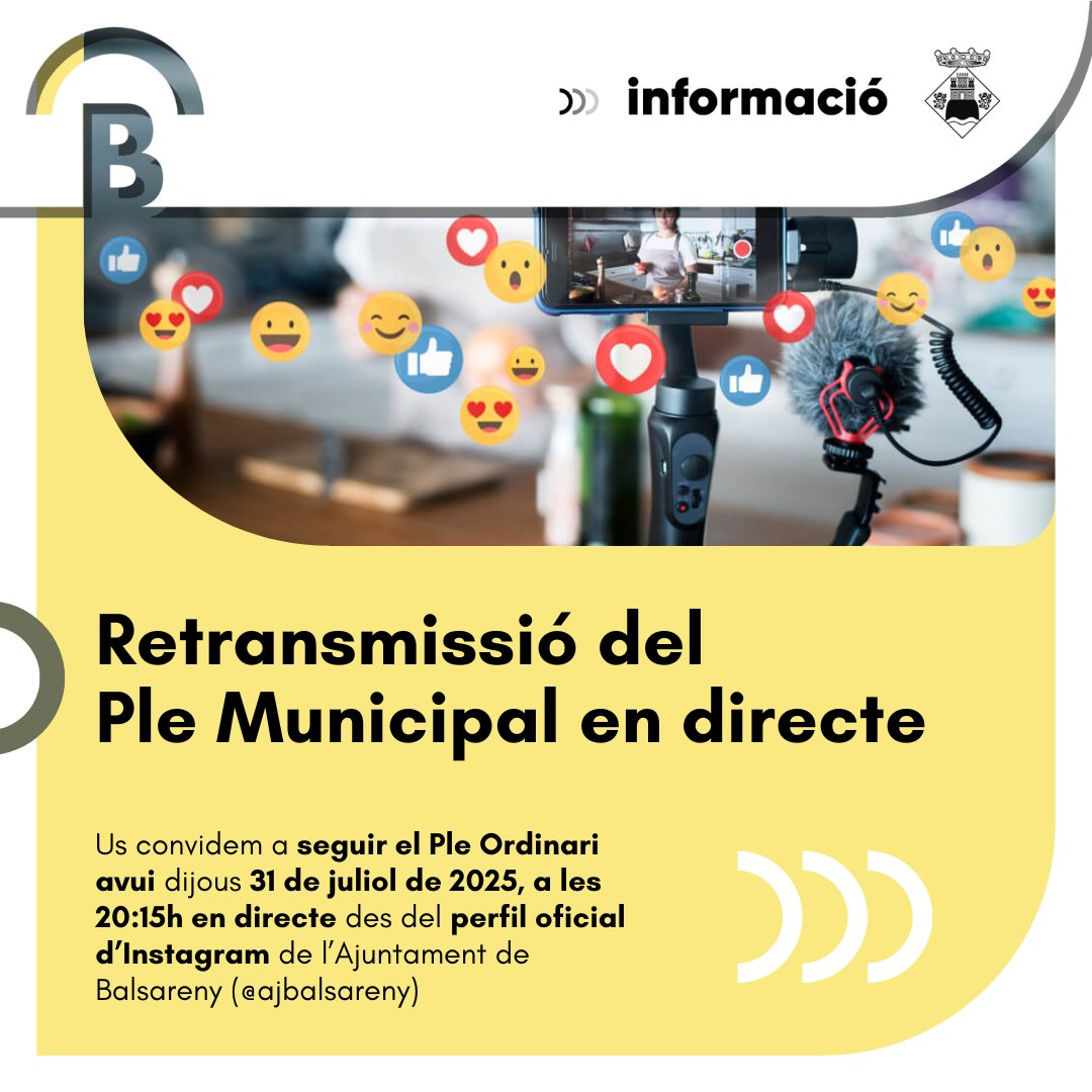 📣 Avui dijous 31 de juliol, a les 20:15h Ple Ordinari.

Us convidem a assistir-hi o a seguir-lo en directe des del perfil oficial d'Instagram de l'Ajuntament de Balsareny.