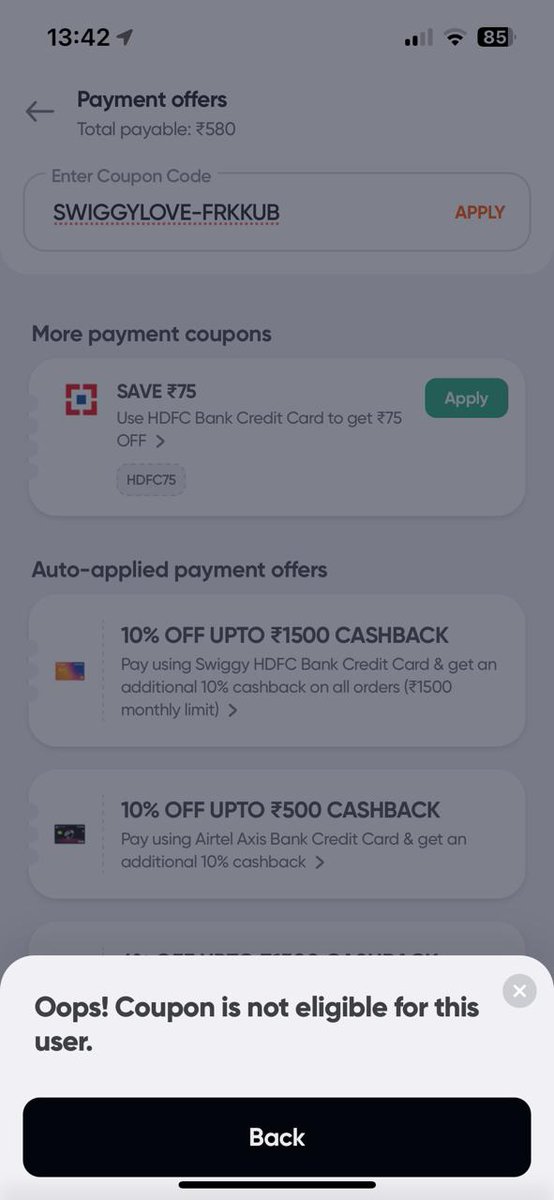 TaeTan_twt's tweet photo. Received ₹174 coupon (min cart ₹0) on Jul 25. Never worked despite multiple support calls. Keeps showing “not applicable.” Expires Aug 1. I want it refunded now. No support from customer care.

@Swiggy @SwiggyTech @swiggydesign @Swiggy_team @SwiggyCares @swiggy

#swiggyscam https://t.co/7VJSJWeVn4