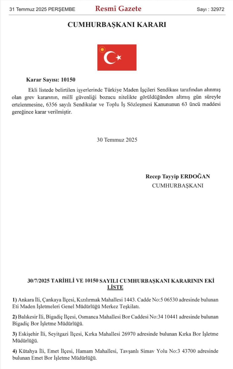 Cumhur Başkanlığı Kararnamesiyle Türkiye Maden İşçileri Sendikasının almış olduğu Grev kararı 60 gün süreyle ertelendi.
Grev Haktır Engellenemez !