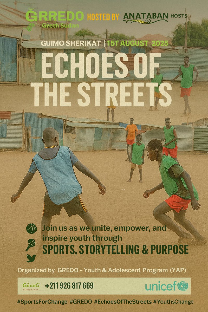 GREDO_SSD's tweet photo. 🗓 1st Aug 2025 | 📍 Gumbo Sherikat
🏆 Youths for Change Tournament
🎯 Theme: “Echoes of the Streets”
GREDO’s YAP leads a bold movement using sports for healing, unity &amp; change.
Let the games echo stories of hope from our youth.
#EchoesOfTheStreets #sports4peace #sports4education https://t.co/oiKJsGpmq7