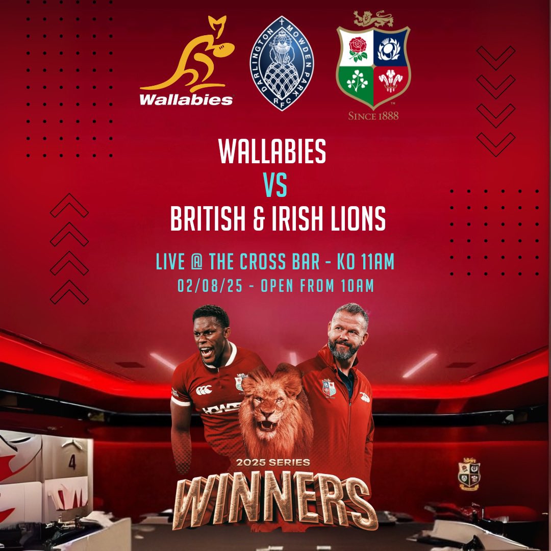 🦁 One Last Time! 🦁 

🏉 Head down to The Cross Bar to catch the 3rd &amp; final Test of the 2025 Lions Tour!

 Watch the series winners take on the Wallabies in a clash for the history books. Don’t miss it! 🔥

 #MowdenFamily #LionsTour2025 #LionsVsWallabies