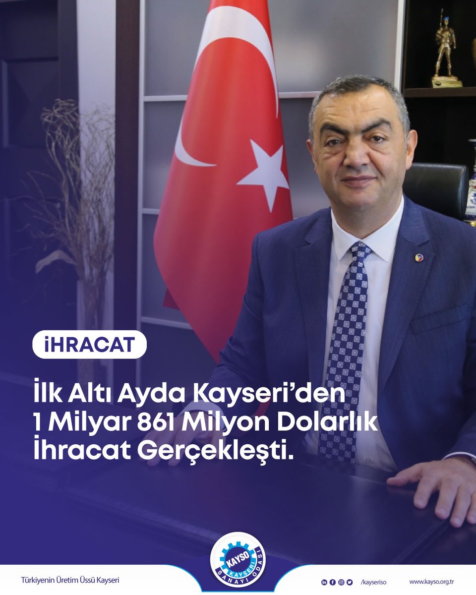 Kayseri Sanayi Odası (@kayseriso) on Twitter photo 📊 Kayseri’den İlk Altı Ayda 1 Milyar 861 Milyon Dolarlık İhracat Gerçekleşti
Yönetim Kurulu Başkanımız <a href="/mbuyuksimitci/">Mehmet Buyuksimitci</a>, #TÜİK 2025 yılı Haziran ayı ve ilk altı aylık #ihracat verilerini değerlendirdi.
Haber detayı için:⤵️
kayso.org.tr/tr/13874/Ilk-A…
#Kayseri Üretiyor, #Türkiye 📊 Kayseri’den İlk Altı Ayda 1 Milyar 861 Milyon Dolarlık İhracat Gerçekleşti
Yönetim Kurulu Başkanımız <a href="/mbuyuksimitci/">Mehmet Buyuksimitci</a>, #TÜİK 2025 yılı Haziran ayı ve ilk altı aylık #ihracat verilerini değerlendirdi.
Haber detayı için:⤵️
kayso.org.tr/tr/13874/Ilk-A…
#Kayseri Üretiyor, #Türkiye