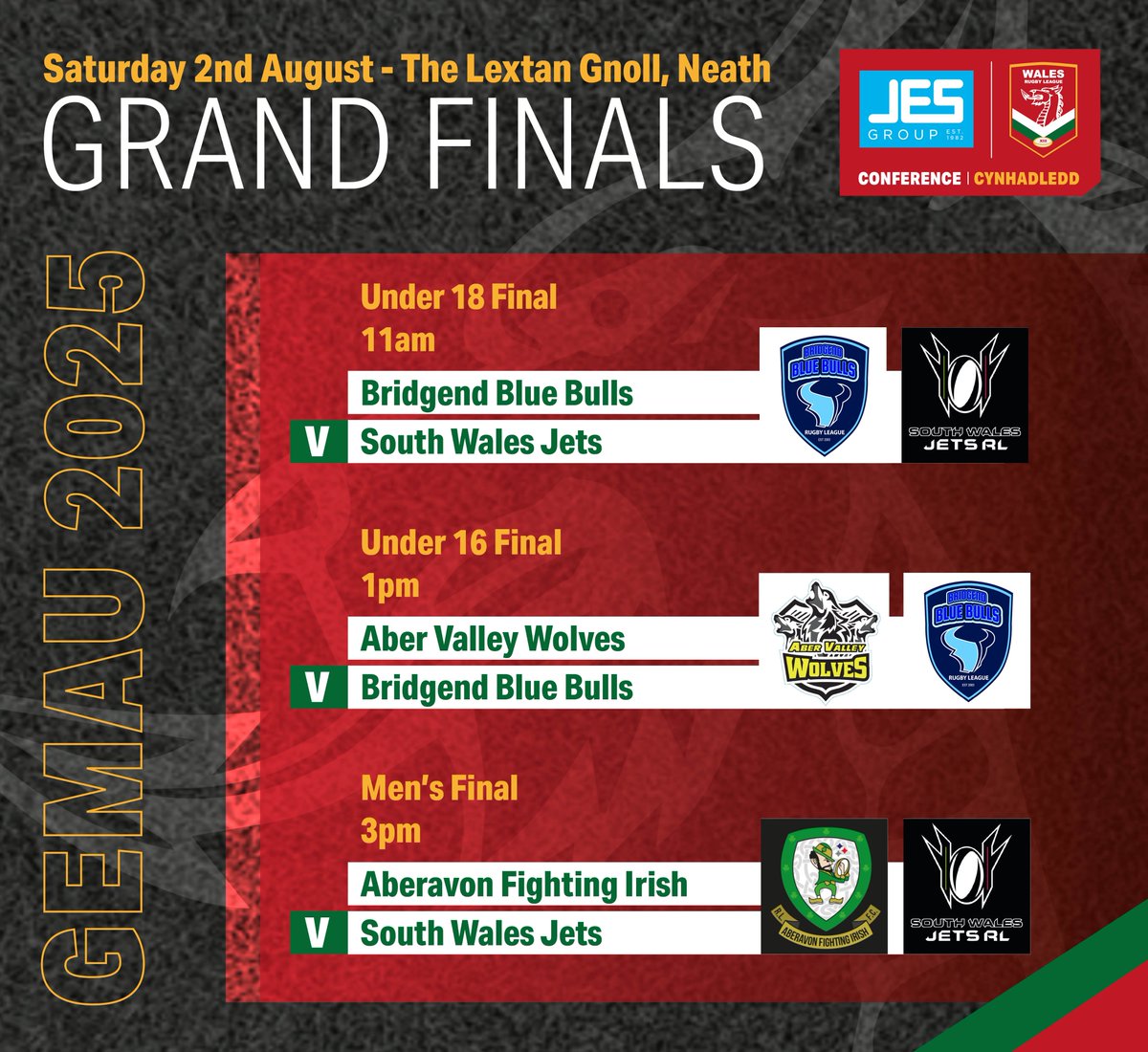 Diwrnod y Rownd Derfynol | Finals Day🏉

It's senior JES Group Rugby League Conference Finals day on Saturday.

Can favourites, the unbeaten <a href="/AberavonClub/">Aberavon Fighting Irish RLFC</a> win their second men's title in a row, or can <a href="/JetsWales/">South Wales Jets</a> take revenge on last year's loss?

More/Mwy: wrl.wales/unbeaten-abera…