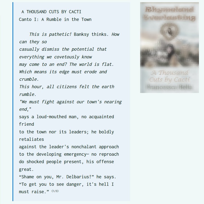 Have a slice🍰 of 𝓡𝓱𝔂𝓶𝓮𝓵𝓪𝓷𝓭 𝓔𝓿𝓮𝓻𝓵𝓪𝓼𝓽𝓲𝓷𝓰: 𝒜 𝒯𝒽𝑜𝓊𝓈𝒶𝓃𝒹 𝒞𝓊𝓉𝓈 𝒷𝓎 𝒞𝒶𝒸𝓉𝒾. Sonnets are the flavor!

bellarariora.com/2024/01/03/rhy…