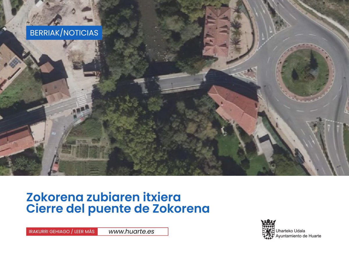 📢 Astelehenean, abuztuak 4, #Uharte Zokorena zubia itxita egonen da 7:00etatik 19:00etara bitartean Zubiarte kaleko eraikinaren obrengatik. 
ℹ️Informazio guztia huarte.es/eu/
👉Barkatu eragozpenak.