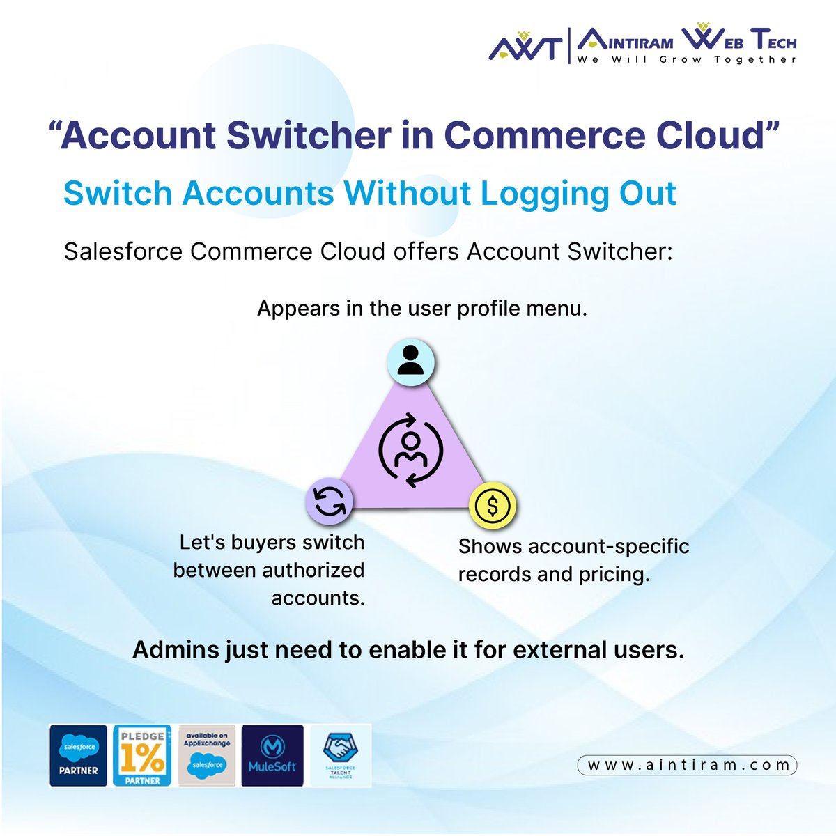 aintiram_in's tweet photo. Switching logins just to order? There's a better way.
With Account Switcher in #Salesforce #CommerceCloud, buyers manage multiple accounts in one go.
✅Faster orders
✅Custom pricing
✅Less hassle
📩sales@aintiram.com | https://t.co/X1B4yImg6b
#AintiramWebTech #AWT #B2BSolutions https://t.co/yH4u7jj4KS