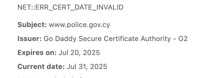atmz's tweet photo. @FionaMullenCY @Cyprus_Police Expired certificate -- not 'unsafe' per se, but a bad look, especially since it looks like it's been expired for 10 days, and it's the whole https://t.co/IyndlHmNnE domain that's affected.. https://t.co/1eDrrjcQpn