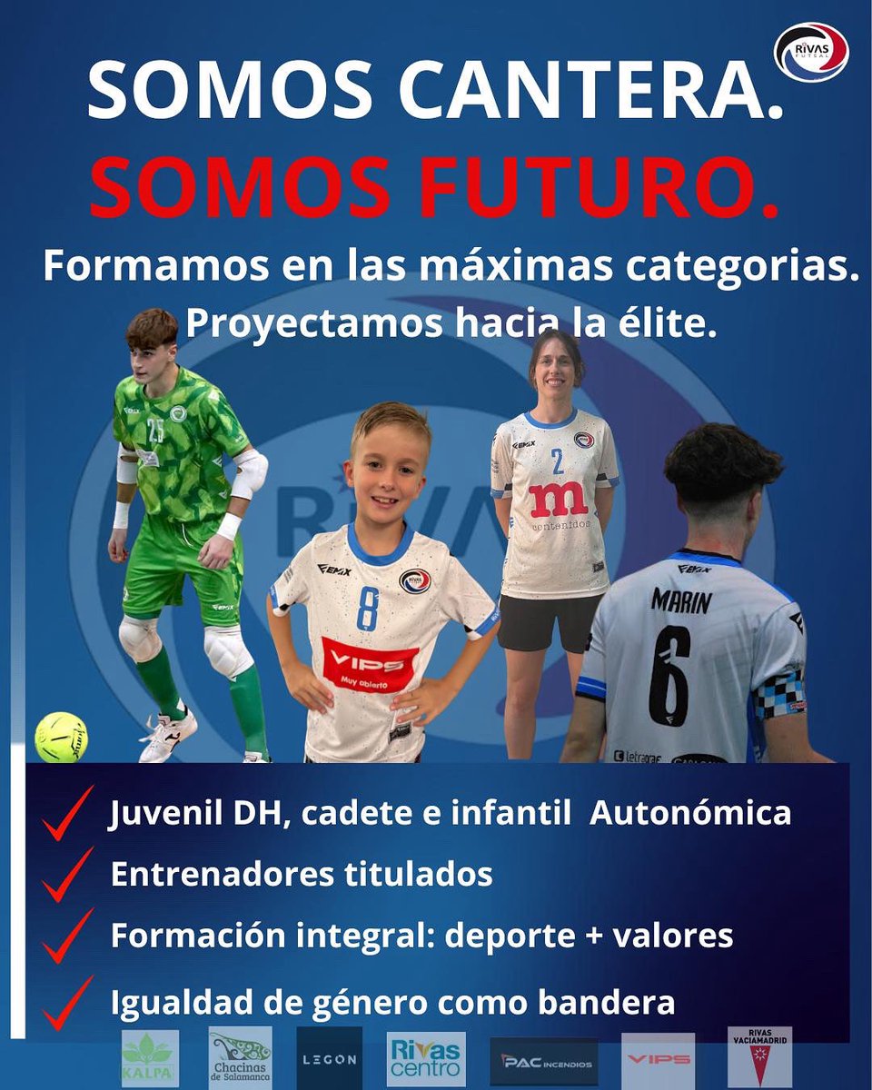 RIVAS FUTSAL: SOMOS CANTERA. SOMOS FUTURO.

🚀 Cadetes y juveniles ya compiten en 2ªB y 2ª División femenina.

🔝 Máximas categorías RFFM: Juvenil DH, Cadete e Infantil Autonómica.

🎓 Entrenadores titulados.

⚽ Formación en valores e igualdad real.

‼️Orgullo Ripense‼️