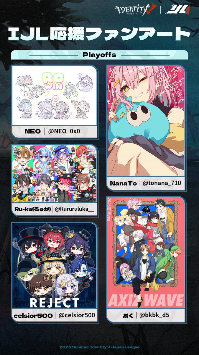 #第五人格IJL
Passions for V · 2025 Summer🌻
【応援ファンアート プレイオフ】

ファンの皆さんが投稿してくれた
ファンアートを一部ピックアップしてご紹介🎨

たくさん素敵な作品をご投稿いただき
ありがとうございました！

#2025夏季IJL
#第五人格
#IdentityV