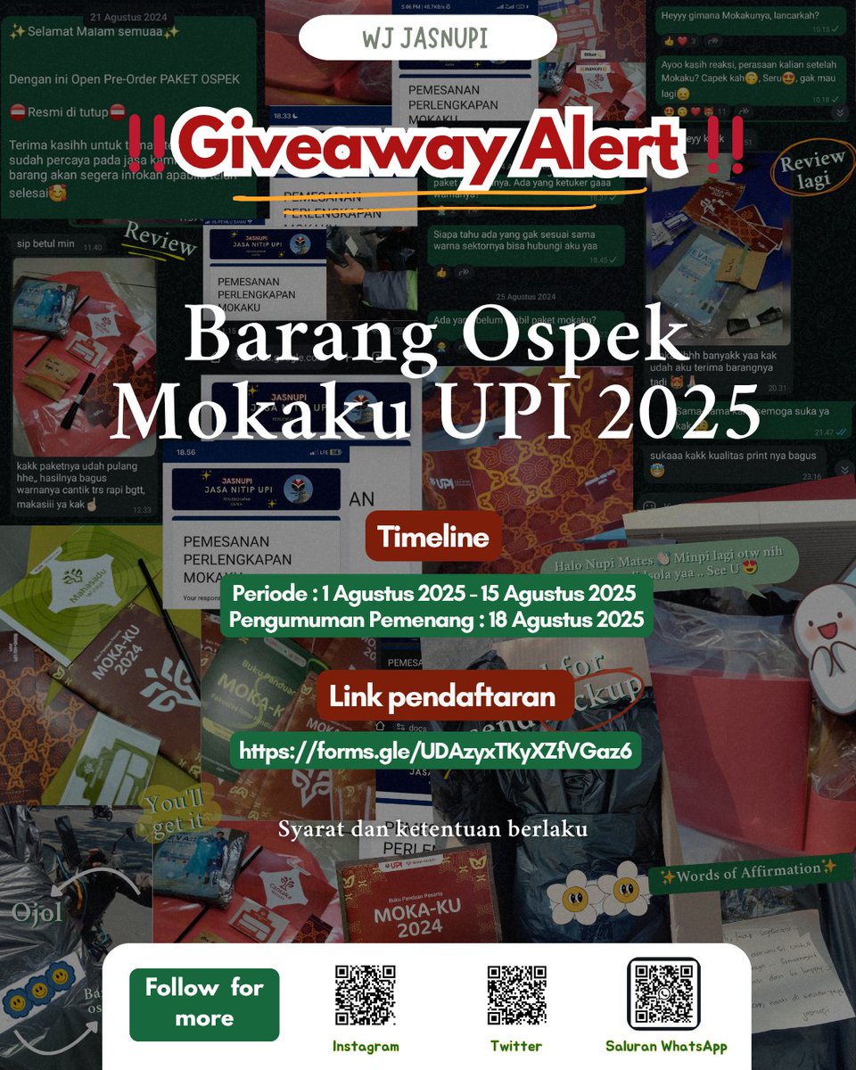 JASNUPI's tweet photo. 🎁 GIVEAWAY BARANG OSPEK MOKAKU UNTUK MARU UPI 2025! 🎉

Mau dapet hadiah dari Minpi? GAMPANG BANGET!

Caranya : 
✅ Follow @JASNUPI
🔁 Like &amp; RT postingan ini
📣 Share poster ke grup chat Maru kamu
📝 Isi form pendaftaran: https://t.co/sB5LfPuyYB

Jangan lupa replay tweet ini https://t.co/9bh4vANsEU