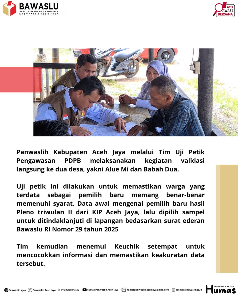 Panwaslihajay's tweet image. Panwaslih Aceh Jaya melakukan Uji Petik di dua desa dalam Kecamatan Indra Jaya untuk memastikan data pemilih baru benar-benar akurat, Rabu (30/7/2025).

#ayoawasibersama #pengawasanPDPB