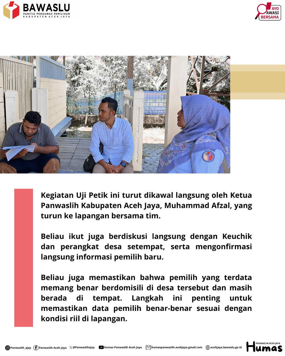 Panwaslihajay's tweet image. Panwaslih Aceh Jaya melakukan Uji Petik di dua desa dalam Kecamatan Indra Jaya untuk memastikan data pemilih baru benar-benar akurat, Rabu (30/7/2025).

#ayoawasibersama #pengawasanPDPB
