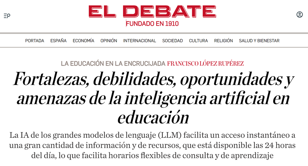 sanz_ismael's tweet image. ⚖️ DAFO de la IA en Educación:
✅ Fortalezas: tutor 24h, personalización, eficiencia.
⚠️ Debilidades: falta de pensamiento crítico, dependencia de conexión, coste.
🌍 Oportunidades: inclusión, currículos personalizados.
🚨 Amenazas: pereza cognitiva, brecha digital.
López Rupérez…