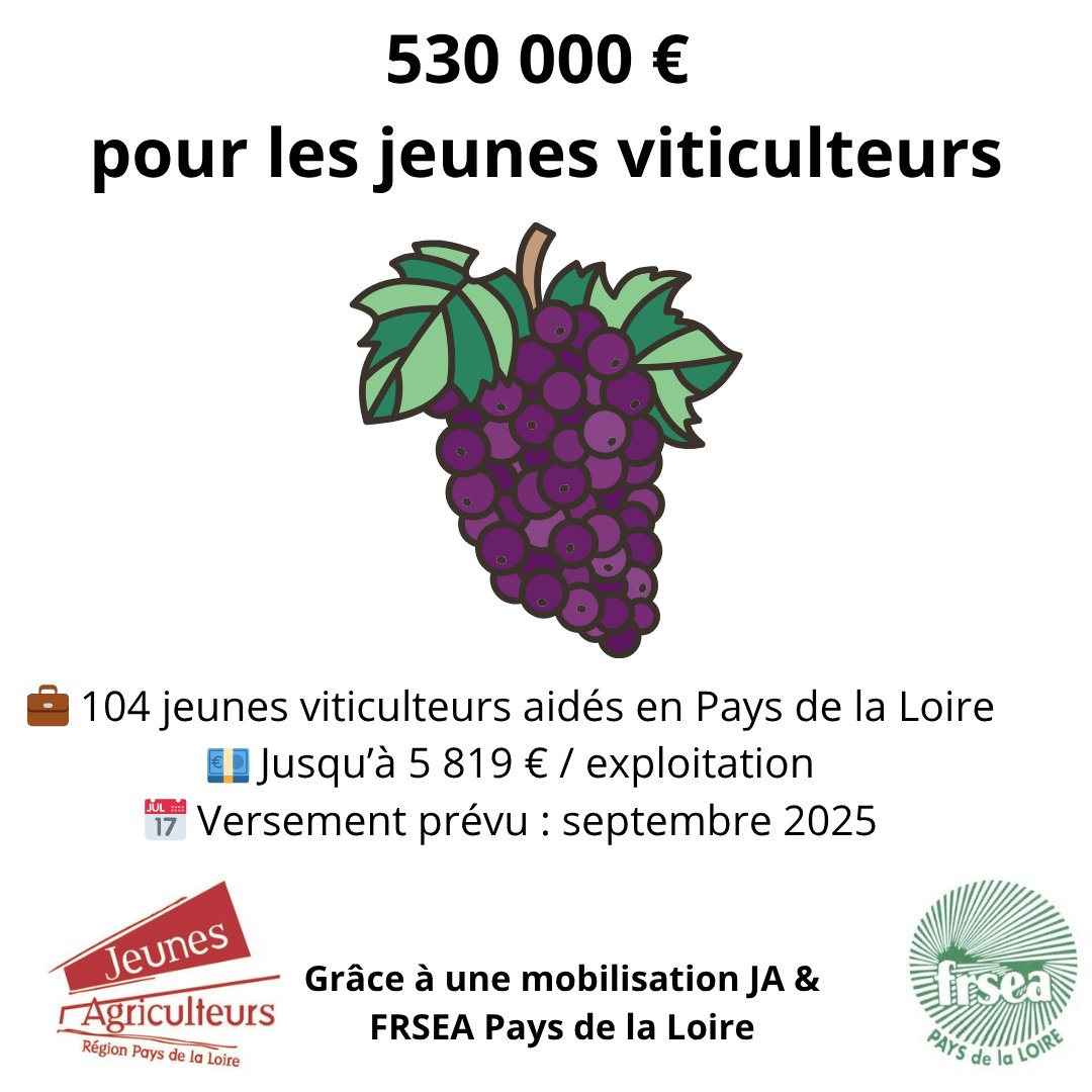 🚨 530 000 € débloqués pour 104 jeunes viticulteurs en PDL ! Grâce à la mobilisation de JA &amp; FRSEA PDL, en partenariat avec JA national et la FNSEA, une enveloppe complémentaire a été obtenue. 
Aides prévues :
4 500 € (pertes de 20 à 50 %) et 5 819 € (pertes > 50 %)