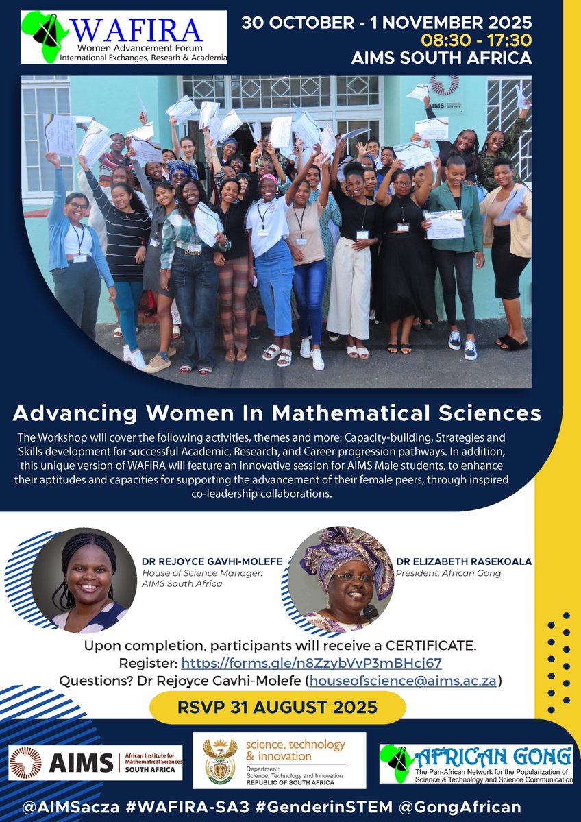 AIMS South Africa (@aimsacza) on Twitter photo 📣 Women in maths, physics, stats or CS (Hons–PhD) in the Western Cape: Join the WAFIRA Workshop: Advancing Women in Mathematical Sciences hosted <a href="/AIMSacza/">AIMS South Africa</a>
🗓️ 30 Oct – 1 Nov
🎟️ Free (20 spots for external participants)
🔗 Apply by 31 Aug: forms.gle/n8ZzybVvP3mBHc… 📣 Women in maths, physics, stats or CS (Hons–PhD) in the Western Cape: Join the WAFIRA Workshop: Advancing Women in Mathematical Sciences hosted <a href="/AIMSacza/">AIMS South Africa</a>
🗓️ 30 Oct – 1 Nov
🎟️ Free (20 spots for external participants)
🔗 Apply by 31 Aug: forms.gle/n8ZzybVvP3mBHc…