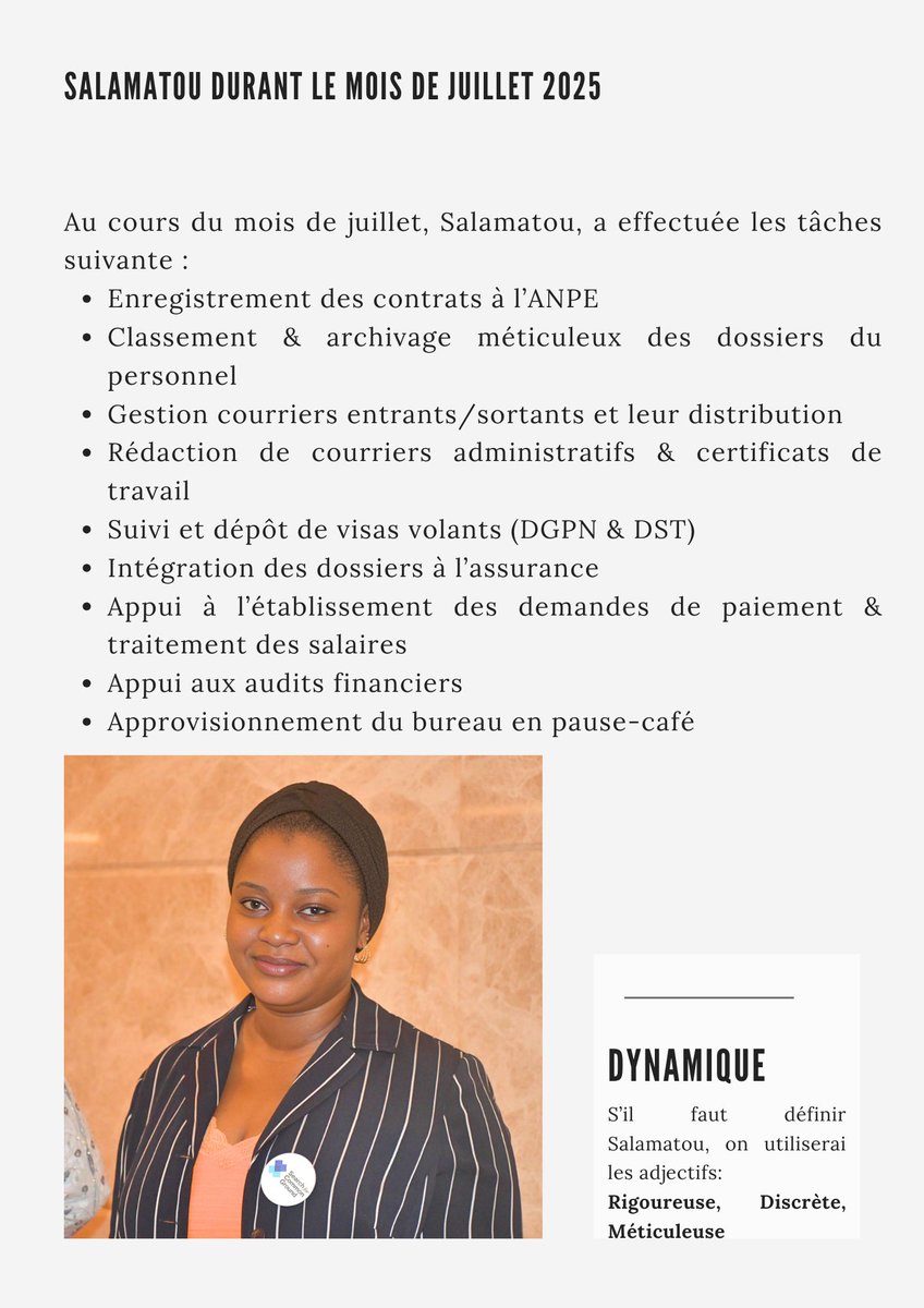 Portrait du mois chez #SearchNiger   Elle agit avec discrétion mais son travail parle pour elle :   Salamatou Ousmane Harouna, stagiaire au département People &amp; Culture, incarne le professionnalisme silencieux.
#SFCG