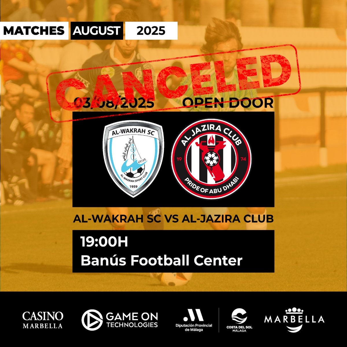 🚩 Match Cancelled

We regret to inform you that this match has been cancelled. 

🚩 Partido Cancelado

Sentimos comunicarles que este partido se ha cancelado. 

#marbellafootballcenter #mfc #marbella #playasyoutrain