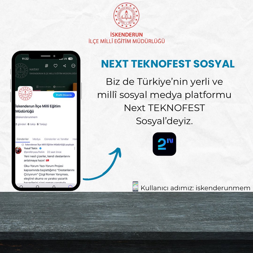 İskenderun İlçe Milli Eğitim Müdürlüğü artık yerli sosyal medya platformu Next’te!
 
Projelerimiz, etkinliklerimiz ve duyurularımızı Next üzerinden takip edebilirsiniz.

📱Kullanıcı adımız: iskenderunmem

🎯 Yerli dijital platformları birlikte büyütelim!