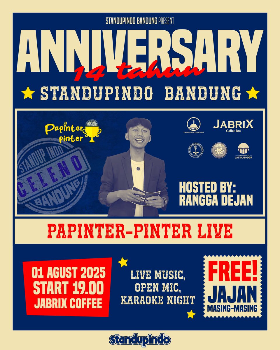 Menyambut 14 Tahun Standupindo Bandung, kami dengan bangga mempersembahkan PAPINTER-PINTER LIVE 🏆🏅😍

Selain itu akan ada live music, open mic, dan karaoke bersama barudak bodor. Jadi jangan lewatkan keseruannya! 

#14thStandupindoBandung #MoalKaduhung