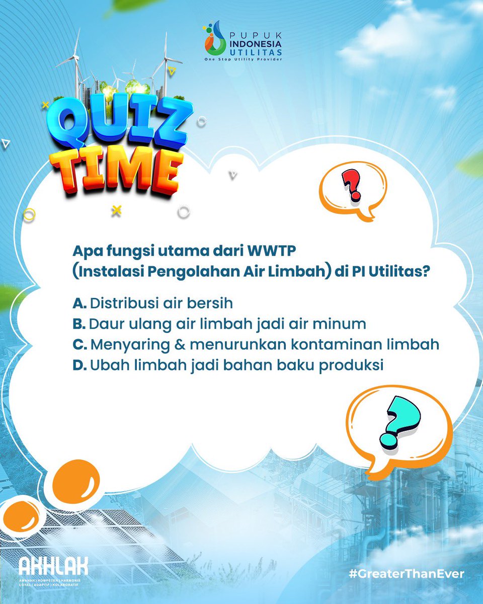 Hai PIUneer,

Saatnya Quiz nih! Ada hadiah Rp1,5 juta untuk 10 orang yang beruntung. Jangan lupa ikuti syarat dan ketentuannya juga!

1. Wajib follow akun Pupuk Indonesia Utilitas.
2. Tulis jawabanmu di kolom reply dan mention 5 teman kamu.
3. Like dan share postingan ini