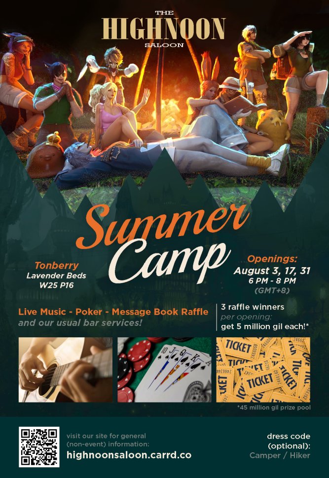 📢Attention Summer scouts!!!📢 
This August. We're hiking the trail and campin' at the Highnoon Saloon!🏞️🌲🏕️🍻🫕
Each night there'll be a 15 Mil gil raffle!!!🎟️🍀
Camper🧢 / Hiker🥾 dress code is optional!
TB LB W25 P16📍
#FF14 #FFXIVRP  #ElementalDC #HighNSaloon