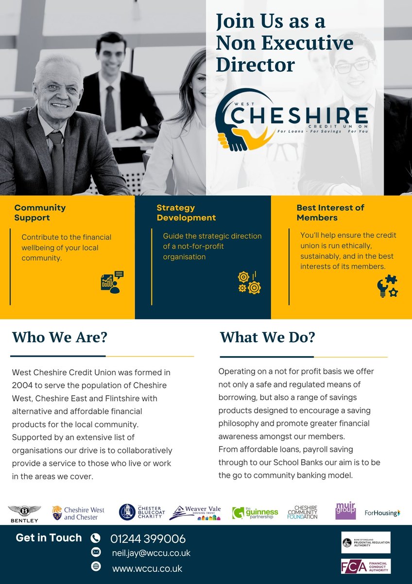 West CHESHIRE CREDIT UNION (@wccu2) on Twitter photo West Cheshire Credit Union – Community at the Heart
West Cheshire Credit Union is seeking committed and values-driven individuals to join and expand our Board as Non-Executive Directors. <a href="/ShitChester/">12 years of Shitchester</a> <a href="/ChesterBClub/">ChesterBusinessClub</a> <a href="/Go_CheshireWest/">Cheshire West</a> <a href="/Dee1063/">Chester's Dee Radio</a> West Cheshire Credit Union – Community at the Heart
West Cheshire Credit Union is seeking committed and values-driven individuals to join and expand our Board as Non-Executive Directors. <a href="/ShitChester/">12 years of Shitchester</a> <a href="/ChesterBClub/">ChesterBusinessClub</a> <a href="/Go_CheshireWest/">Cheshire West</a> <a href="/Dee1063/">Chester's Dee Radio</a>
