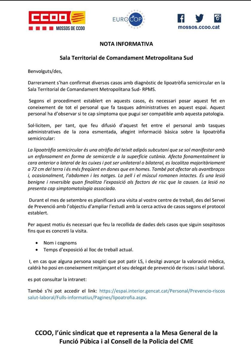 📌 Es demana:
Difusió entre el personal administratiu de la zona i si algú presenta símptomes compatibles.
Durant setembre es faran visites a les sales afectades per part del Servei de Prevenció.
Si sospites que pots patir LS, posa’t en contacte amb el/la delegat/da de PRL.