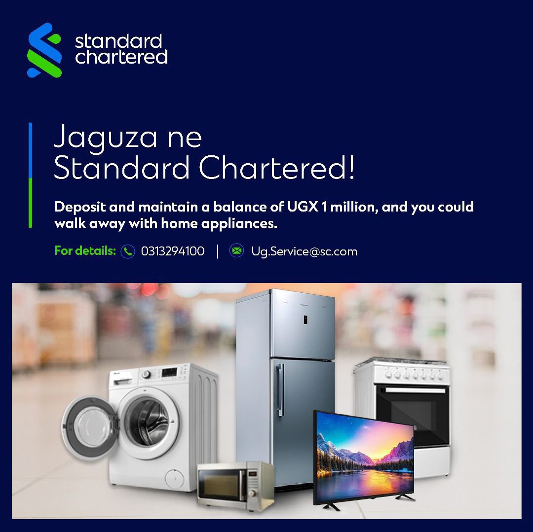 End of month is here #JaguzaNeStanChart. Stand a chance to win brand new home appliances like washing machines, cookers, refrigerators, TVs &amp; microwaves, for every UGX 1 million deposited &amp; maintained on your account.

For more info,visit sc.com/ug 

#HereForGood