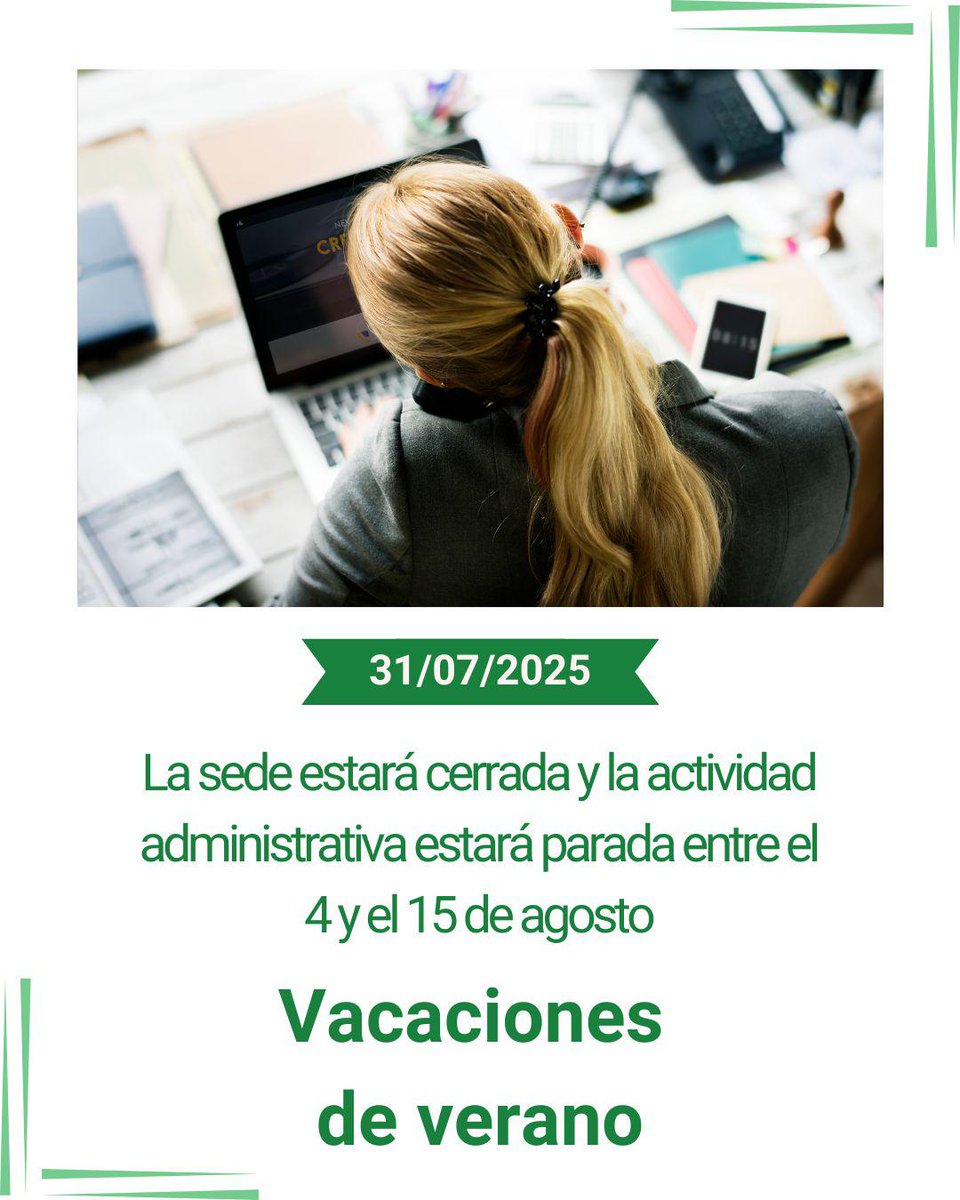 COPTOEX (@coptoex) on Twitter photo ☀️ VACACIONES
Estimados colegiados y colegiadas, os informamos que la sede del Colegio estará cerrada y la actividad administrativa parará entre el 4 y el 15 de agosto.
💪 Descansamos para volver con más energía que nunca. Desde el Colegio os deseamos unas felices vacaciones. ☀️ VACACIONES
Estimados colegiados y colegiadas, os informamos que la sede del Colegio estará cerrada y la actividad administrativa parará entre el 4 y el 15 de agosto.
💪 Descansamos para volver con más energía que nunca. Desde el Colegio os deseamos unas felices vacaciones.