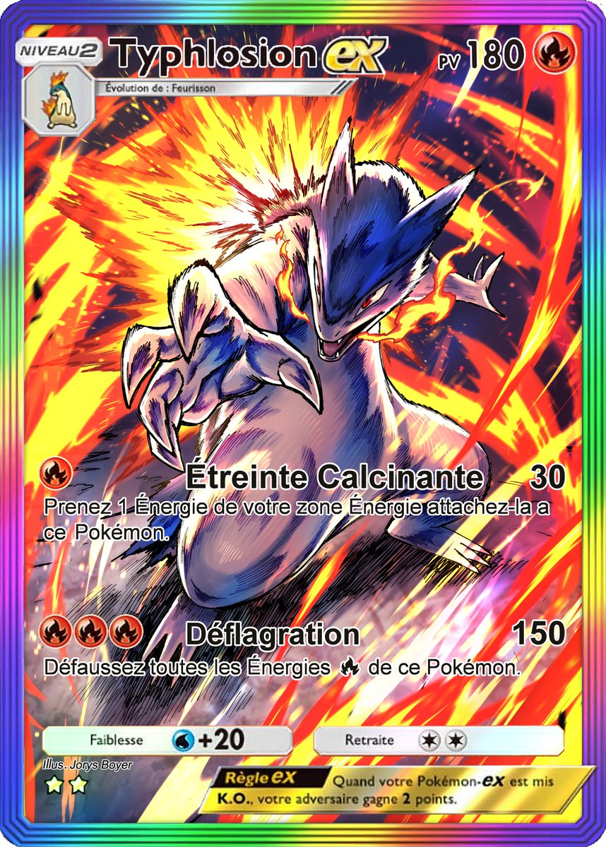 boyerjorys's tweet photo. First time i try to do something like this.
I seen that he was not on the new booster set yet, so i wanted to deliver m'y own Typhlosion EX 🔥 (m'y favorite pokemon 😊✨). 
Sorry i didn't made an english version as i'm french 😅

#PokemonTCGPocket #typhlosion #gen2 #Pokémon https://t.co/SsSjDkIH1S