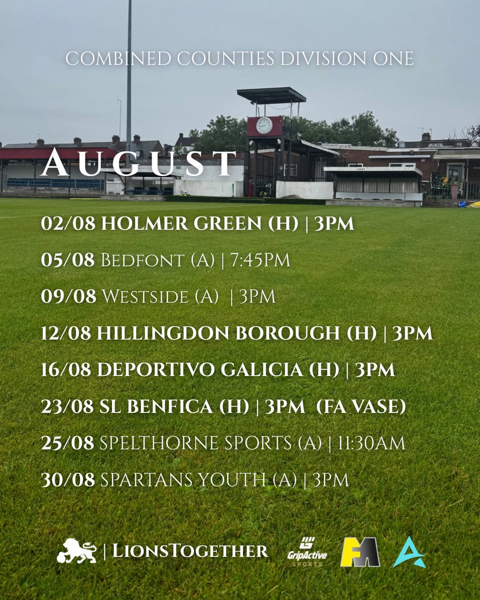 AUGUST FIXTURES. 🦁

A busy month ahead for the lions, including a massive FA Vase game. What games are you looking forward to this month?

🦁 | #LionsTogether