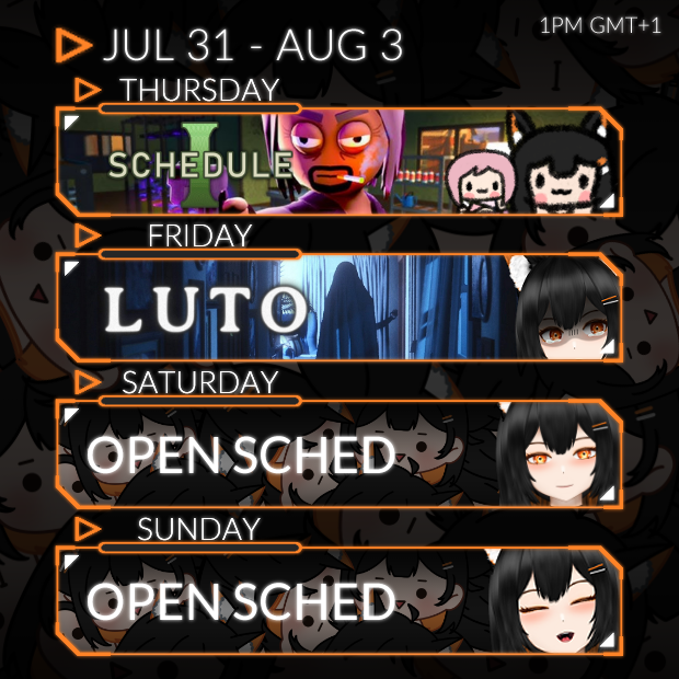 Allooooo Bonklets, might be a bit quiet this week but here's the schedule for Jul 31 - Aug 3!

🔸Schedule 1 Ep.4 w/ <a href="/QuinCyreneVT/">Quin Cyrene 😇🩷 Pixie EN</a> 
🔸LUTO Ep.3 - Finishing it today!
🔸Open / Offline
🔸Open / Offline

Take careeee Bonklets!