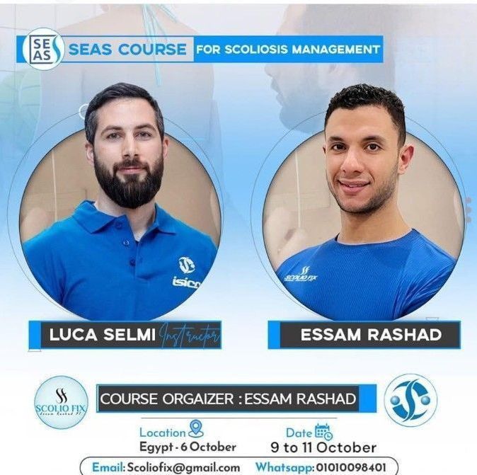 Spaces left for the SEAS Level 1 course in Cairo in October!
Hosted by @Scoliofix, ISICO expert physiotherapist Luca Selmi will introduce you to the Scientific Exercise Approach to Scoliosis, enhance your knowledge!

For more info: 
WhatsApp: 01010098401
Scoliofix@gmail.com