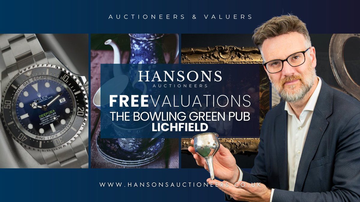 🧐 What could your antiques be worth?

Join our expert valuers for a FREE Valuation Day in Lichfield TOMORROW!

🗓️ 1 Aug | ⏰ 11am–1pm
📍 The Bowling Green, WS13 6QJ
✅ No charge | No booking needed

💻 hansonsauctioneers.co.uk
📧 service@hansonsauctioneers.co.uk