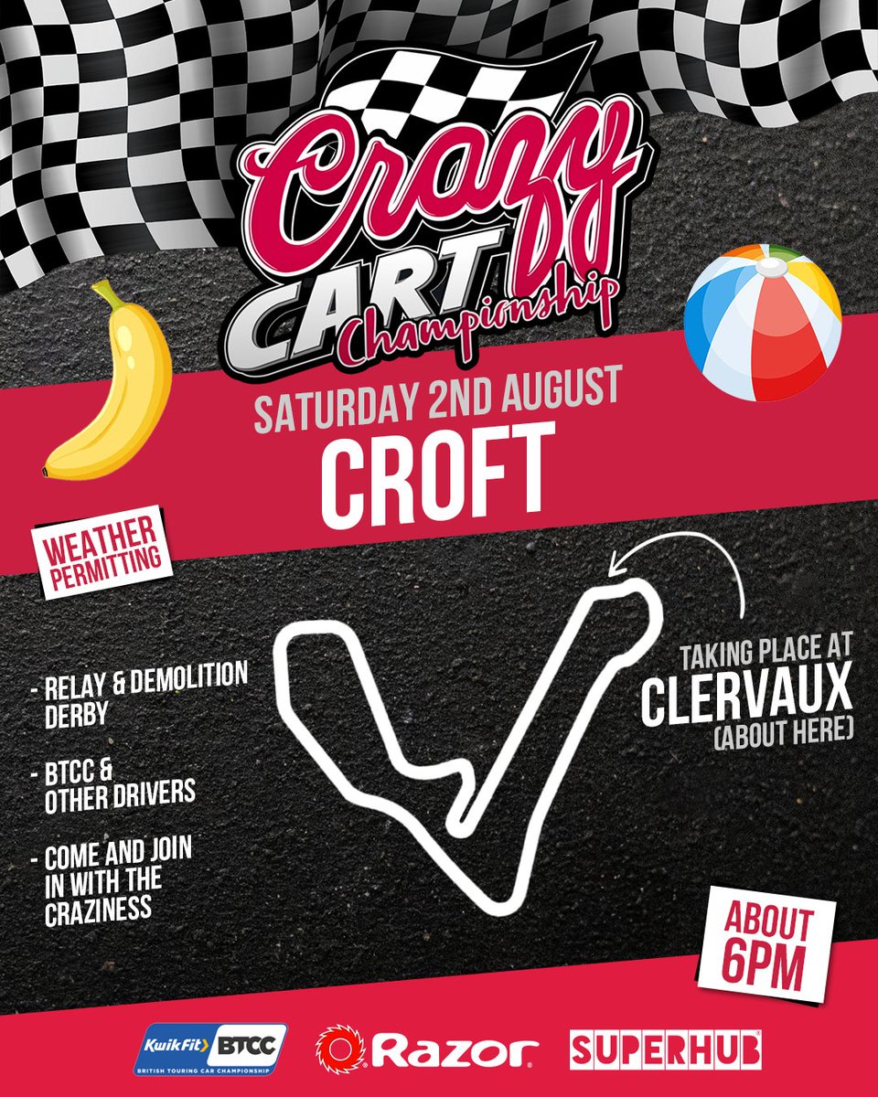 Get ready for CRAZY fun! We’re talking demolition derbies, BTCC drivers in tiny carts and pure chaos at Clervaux around 6pm.

Bring the noise. Bring the banter. Let’s get ridiculous. 🍌🏁
 
#CrazyCartChampionship #Croft #BTCC #Superhub #Razor #CartCarnage