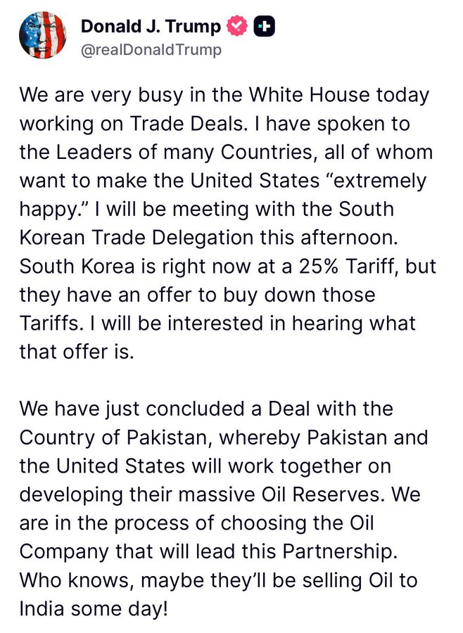 RadioactiveFrnd's tweet photo. The US strikes a deal with Pakistan just as Trump slaps tariffs on India.
Talk about timing......it's like rubbing salt straight into the Akhand Bharat wound.
Godi media must be sweating trying to spin this one as a “masterstroke.” 😂
#TrumpDeals #ModiRealityCheck https://t.co/DYcKieNvTX