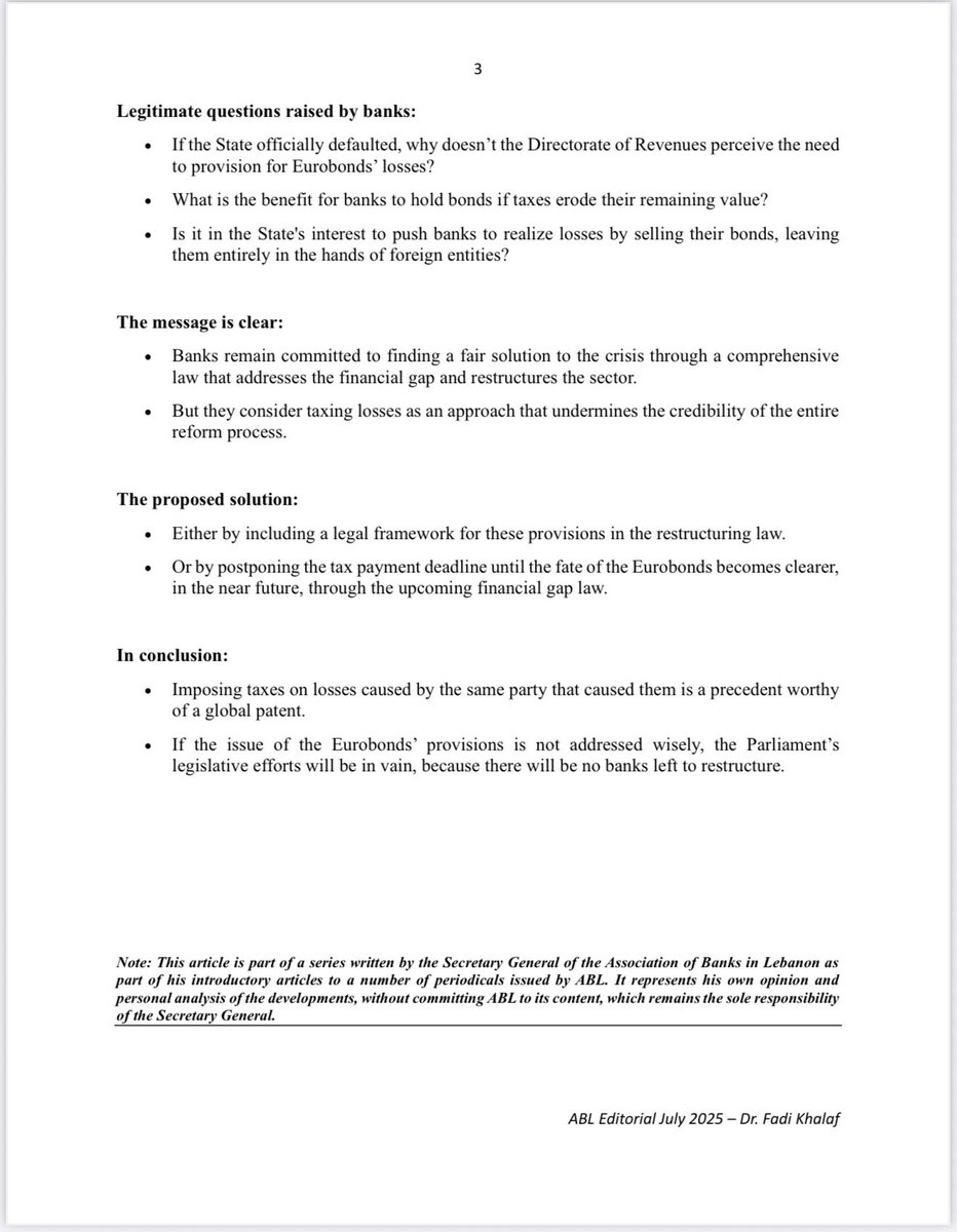 Editorial #Association_of_Banks_in_Lebanon, by Secretary General #Dr_Fadi_Khalaf:
Between the pursuit of sector reform… and the August 31 deadline!
(July 2025)