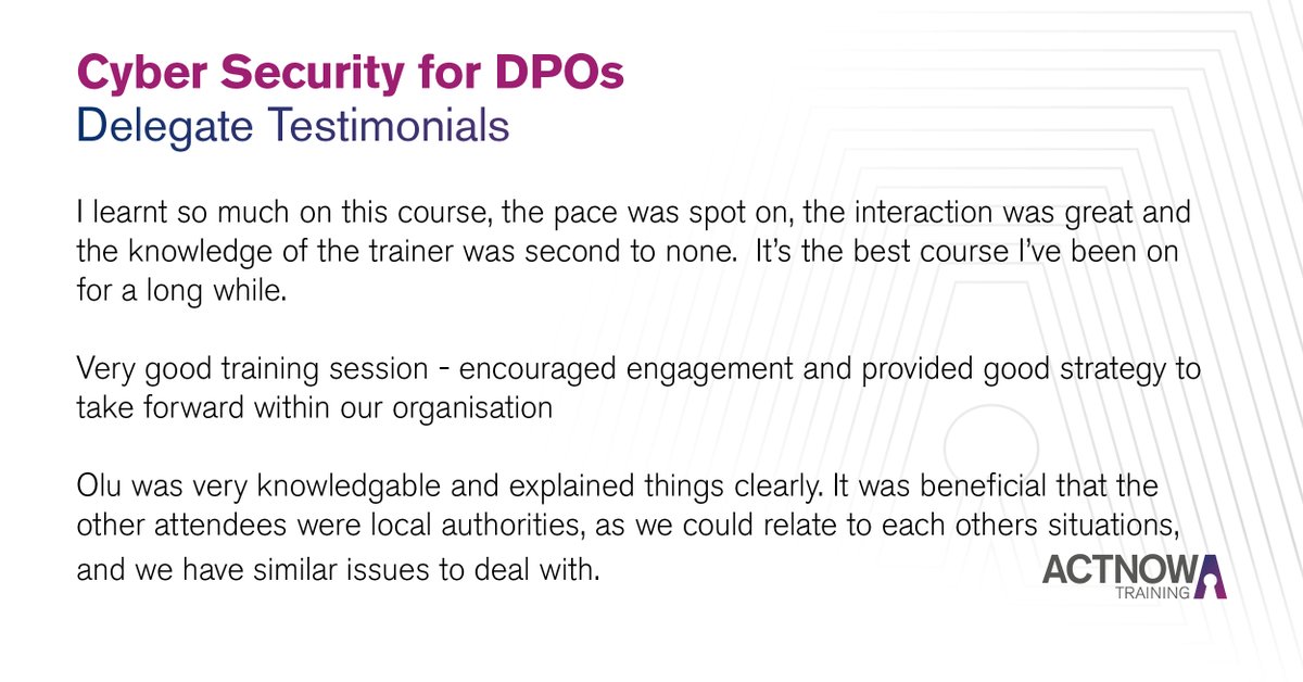 Learn how cyber attacks happen and how you can protect your organisation from data breaches. Join our Cyber Security for DPOs workshop on 10/09/2025. 

#GDPRCompliance #CyberSecurity #DPO

For more details, click the link to learn more. actnow.org.uk/courses/cyber-…