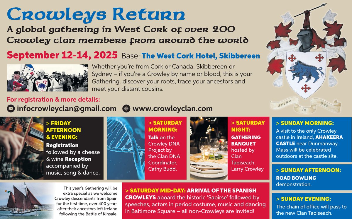 West Cork History Societies Association (@westcorkhist) on Twitter photo The 2025 Crowley Clan Gathering will occur on 12-14 September, with the a base at the West Cork Hotel, Skibbereen. For more details visit crowleyclan.com or contact infocrowleyclan@gmail.com The 2025 Crowley Clan Gathering will occur on 12-14 September, with the a base at the West Cork Hotel, Skibbereen. For more details visit crowleyclan.com or contact infocrowleyclan@gmail.com