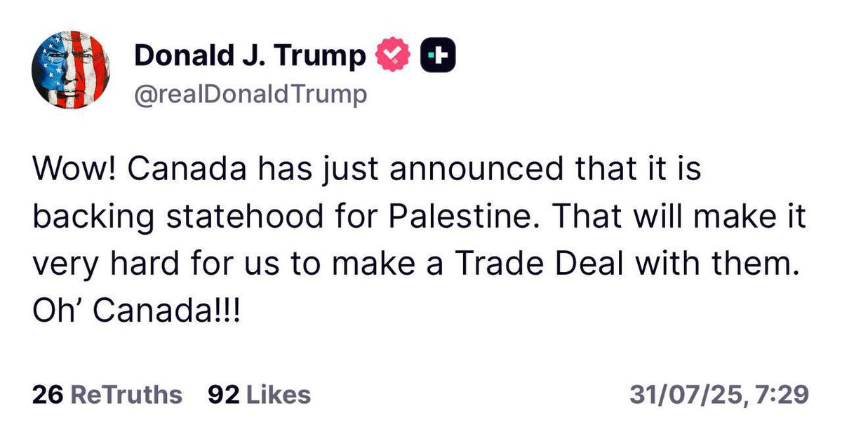 Raylan Givens (@jewishwarrior13) on Twitter photo 🚨 President Trump is threatening Canada after the idiots want to recognize a Palestinian state. Thank you <a href="/POTUS/">President Donald J. Trump</a>!!! 👇 🚨 President Trump is threatening Canada after the idiots want to recognize a Palestinian state. Thank you <a href="/POTUS/">President Donald J. Trump</a>!!! 👇