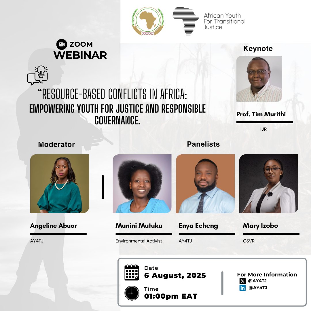 Join us for a vital conversation on how Africa’s youth are shaping justice, peace, and ecological accountability in the face of resource-based conflicts.

Date: Wednesday, 6 August 2025
Time: 11:00 AM WAT | 12:00 PM SAST | 1:00 PM EAT 
Zoom: us06web.zoom.us/j/81244696002

#AY4TJ #TJ
