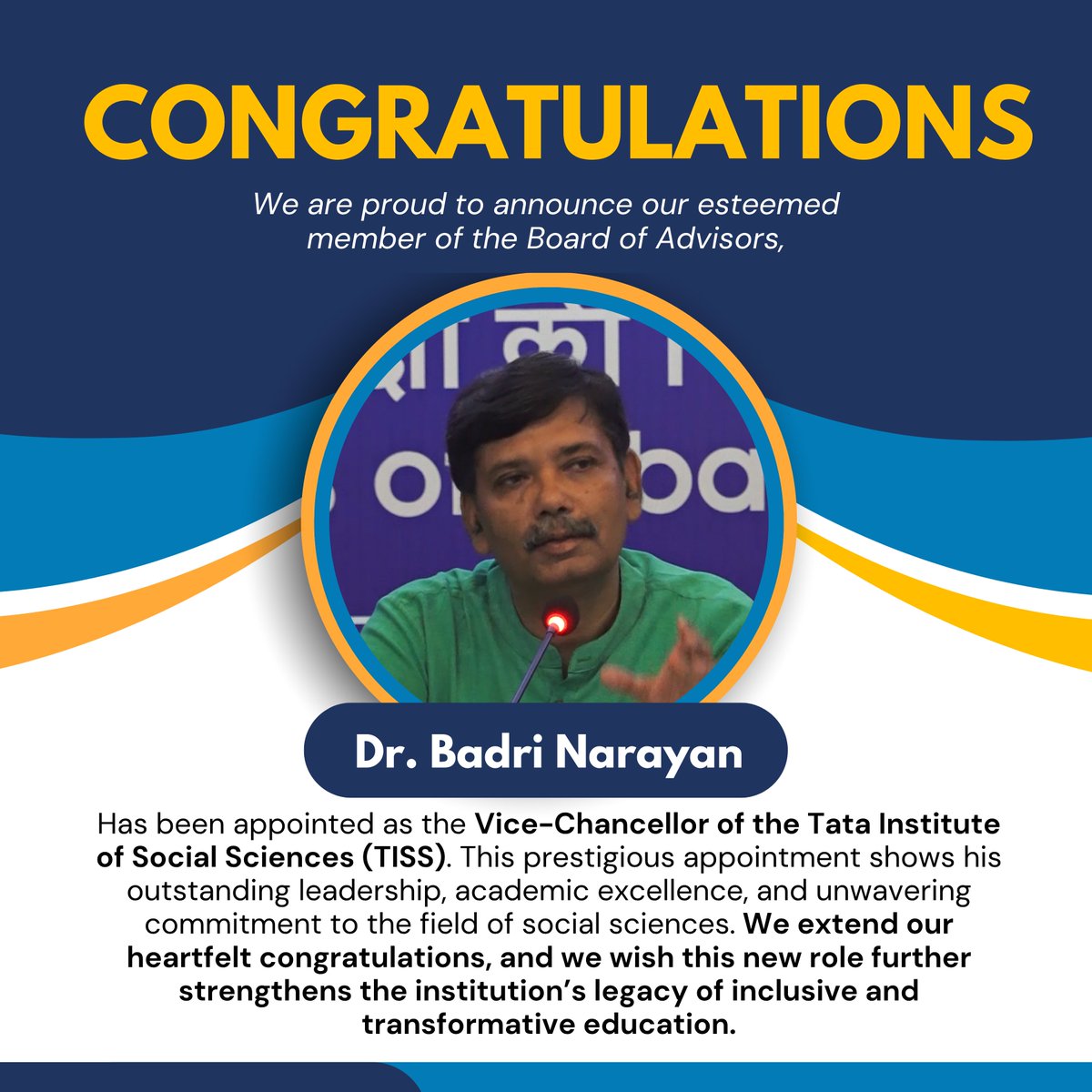Center of Policy Research & Governance (CPRG) (@cprgindia) on Twitter photo We extend our heartfelt congratulations to Prof. <a href="/poetbadri/">Badri Narayan</a> on his appointment as the Vice-Chancellor of the Tata Institute of Social Sciences (TISS). (<a href="/TISSpeak/">TISS - Tata Institute of Social Sciences</a>) We extend our heartfelt congratulations to Prof. <a href="/poetbadri/">Badri Narayan</a> on his appointment as the Vice-Chancellor of the Tata Institute of Social Sciences (TISS). (<a href="/TISSpeak/">TISS - Tata Institute of Social Sciences</a>)