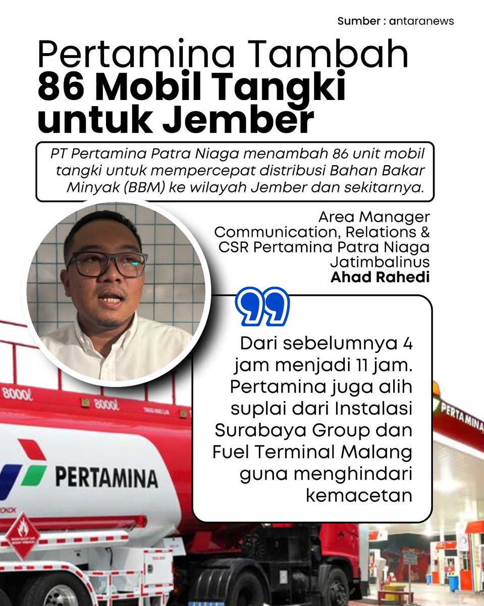 viraltainment4's tweet photo. Nggak main-main! Pertamina kerahkan 86 mobil tangki tambahan demi suplai BBM lancar di Jember meski Gumitir tutup!
#berita #pertamina #pertaminaforyou #jember #pertaminajember #gumitir
https://t.co/g68jAnkDyM https://t.co/j3osmLYCSy