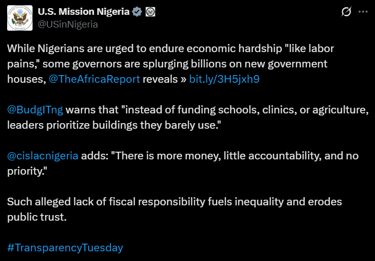 seuntolarin's tweet image. nothing wey anybody wan tell me - @USinNigeria na Obidient. @grok what do you think of @USinNigeria #transparencyTuesday tweet on Nigeria&apos;s ruling class?