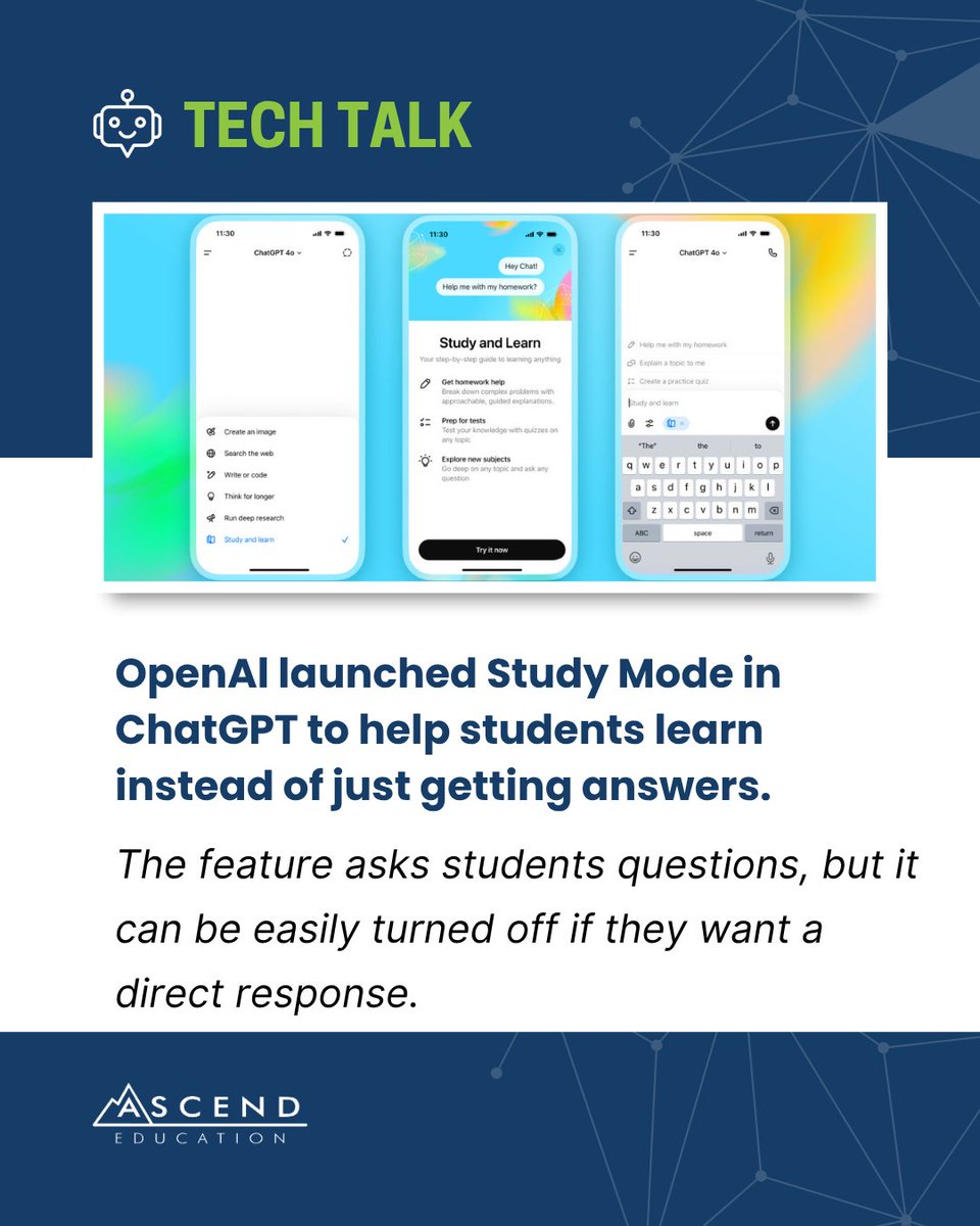 Ascend_EDU's tweet image. OpenAI’s new Study Mode in ChatGPT flips the script:
Instead of giving answers, it asks you questions.

🧠 Learn by thinking—not just Googling.
And yes, you can turn it off anytime.

#AI #ChatGPT #StudyMode #EdTech #GenZ